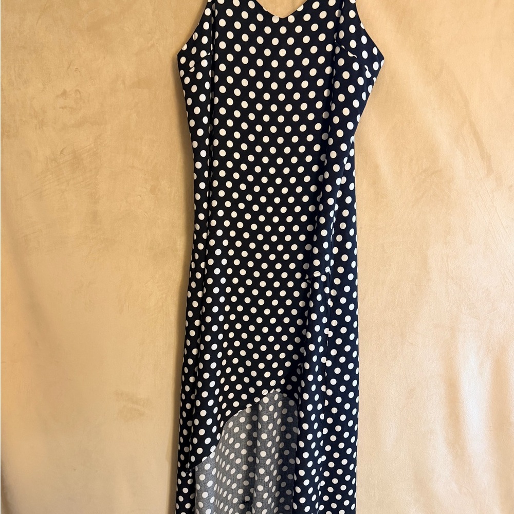 Polka Dot High-Low Slip Dress - Navy & White